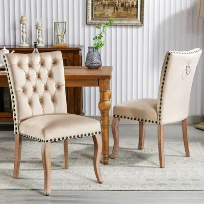 Image de okwish Lot de 2 chaises salle à manger avec accoudoirs, poignée décorative, pieds bois massif, velours beige