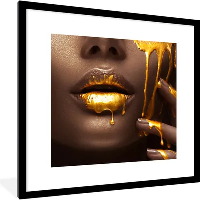 Produktbild von MuchoWow® MuchoWow® Gerahmtes Poster Frau - Gold - Lippen 40x40 cm - Poster mit zchwarzem Bilderrahmen - Poster - Plakat im Rahmen