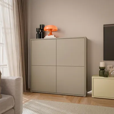 Produktbild von Forte ALICE SPRINGS Schrank 130, modern-minimalistisch, 4 quadratische Türen, Wohn-/Schlafzimmer, Holzwerkstoff, Taupe, 124,5 cm breit x 121,5 cm hoch x 34,9 cm tief
