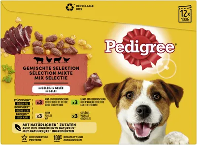 Produktbild von PEDIGREE® Portionsbeutel Multipack Favourite 4 Varietäten in Gelee mit Huhn, Rind+Leber, Geflügel, Lamm+Leber 2 x 12 x 100g