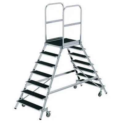 Produktbild von Günzburger Steigtechnik Podesttreppe beidseitig begehbar mit Federrolle Korundbeschichtung R13 2x7 Stufen - 059207