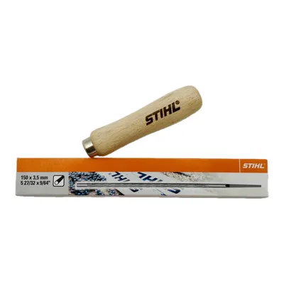 A Stihl file with a wooden handle is placed on top of its packaging.
