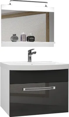 Produktbild von BELINI Badmöbel Vollausstattung Set Waschbeckenschrank, Waschbecken, Spiegel, Lampe (Silber/ Schwarz, Glänzend)