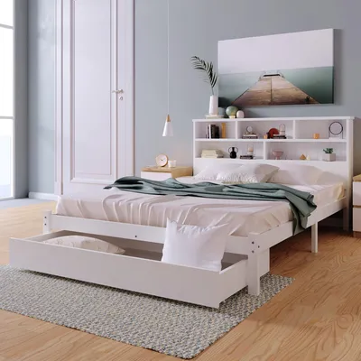 Image de OKWISH Lit avec rangement 140x200 cm - Tête de Lit Bibliothèque - Sans Matelas - Blanc