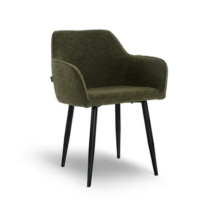 Produktbild von Lina® Diamond Esszimmerstuhl Bouclé Grün mit Armlehnen – Stilvoller Stuhl für Esszimmer, Büro und Küche mit schwarzen Metallbeinen