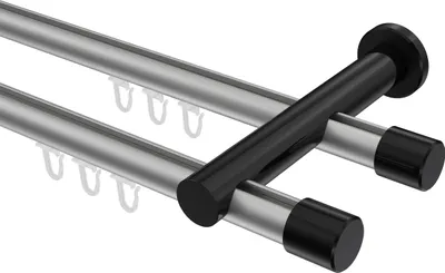 Produktbild von Interdeco Innenlaufstange / Gardinenstange mit Innenlauf Silbergrau / Schwarz, Typ Platon Santo (Kappe), 20 mm Ø 2-läufig, 200 cm