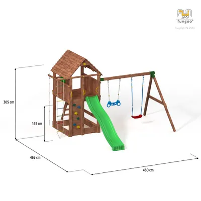Produktbild von Fungoo Spielturm "Fortress Move+" teak mit Rutsche, Kletterwand, Leiter, Holzdach und Doppelschaukel