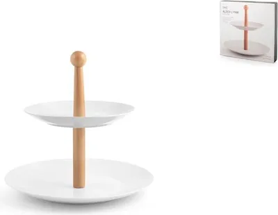 Produktbild von Zweistöckige Porzellan-Etagere mit Holzgriff, elfenbeinfarben