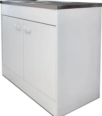 A white kitchen cabinet with a stainless steel countertop and two doors.