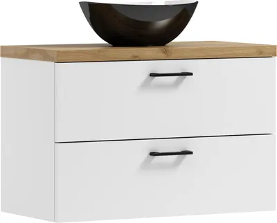 Image de Meubles ADK | Meuble de salle de bain - Meuble suspendu avec lavabo - 53,2 x 80 x 40,6 cm, blanc/or artificiel, avec lavabo noir, LUNA 80