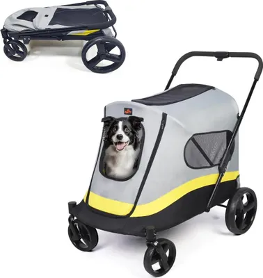 Immagine prodotto di Passeggino pieghevole per cani - Trasportino a 4 ruote per animali domestici - Fino a 30 kg - Taglia L: 74x90x103 cm - Traspirante, con copertura antipioggia - Grigio/Giallo/Nero