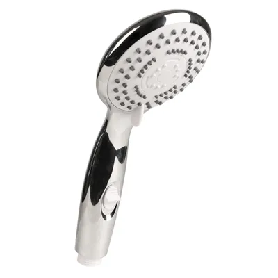 A hand-held shower head with a chrome finish and white spray plate.