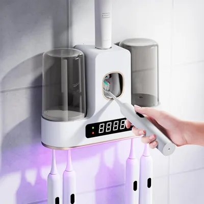 Produktbild von Zahnbürstenhalter,Zahnbürsten Sterilisator mit UV licht,HD-LED-Touchscreen mit automatischem Zahnpastaspender USB-Aufladung,ohne Stanzen