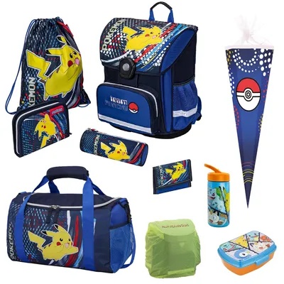 Produktbild von Blauer Pokémon Schulranzen mit Pikachu Motiv · Schulranzen Ergonomisch Leicht und Kompakt · 10-teiliges Einschulungs-Set für die 1. bis 4. Klasse