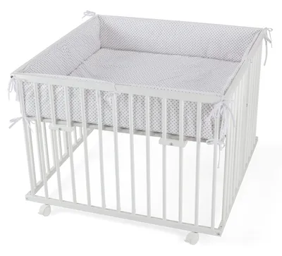 Produktbild von WALDIN Baby Laufgitter Laufstall ca.100 x 100 cm Buche massiv höhen-verstellbar,grau/Punkte,Weiß lackiert