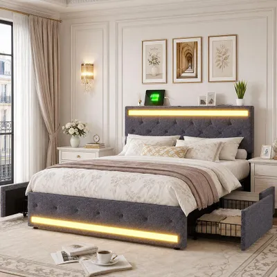 Produktbild von INONEFT Polsterbett 140 x 200 cm mit 4 Schubladen, bett mit stauraum, Doppelbett mit LED und USB, Erwachsenenbett mit Kopfteil, Leinen, dunkelgrau