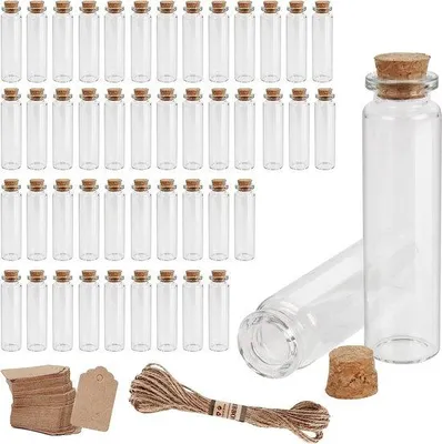 Immagine prodotto di 45 provette con tappo in sughero, 20 ml, cordoncino da 10 m, decorative, riempibili con olio, spezie, sabbia, 22x80 mm