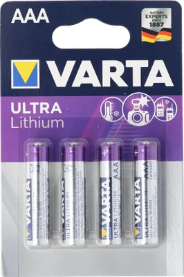 A blister pack of four Varta AAA Ultra Lithium batteries.