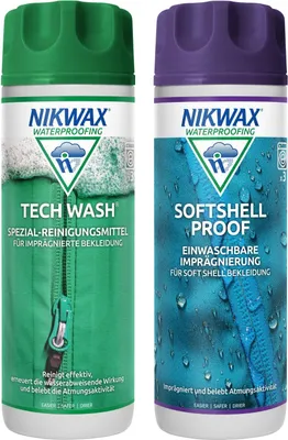 Two bottles of Nikwax waterproofing products, one green and one purple, are shown side-by-side against a white background.