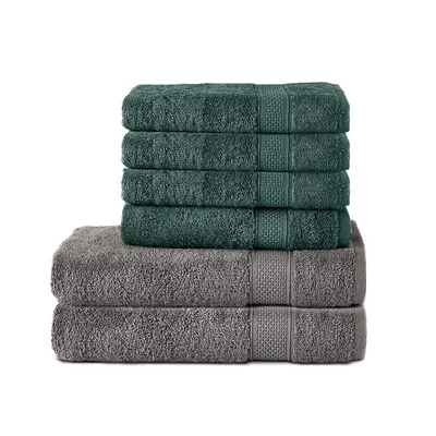Produktbild von Komfortec 6er Handtuchset aus 100% Baumwolle, 4 Handtücher 50x100 cm und 2 Badetücher 70x140 cm Set, Frottee, Weich, Anhtrazit Grau/Dunkel Grün