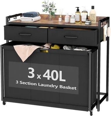 Produktbild von Wäschekorb 3 Fächer – 120L Wäschesammler, Wäschesack mit 2 Schubladen, Wäschewagen mit Ablage, Wäschebox für Waschküchen, Schlafzimmer und Badezimmer (Schwarz)