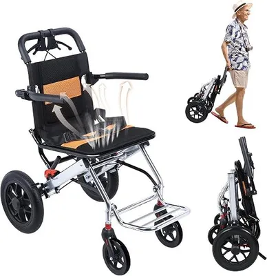 Productafbeelding van Lichtgewicht, inklapbare transportrolstoel, met een zitbreedte van 15,75 inch, draagbare transportstoel, reisrolstoel met handrem, draagvermogen van 80 kg, draagbare rolstoel A