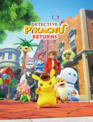 A group of Pokemon characters and two humans are gathered on a street in front of buildings.