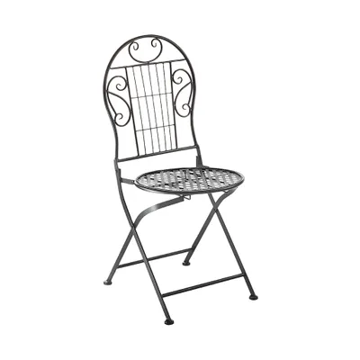 A black metal folding chair is shown against a white background.