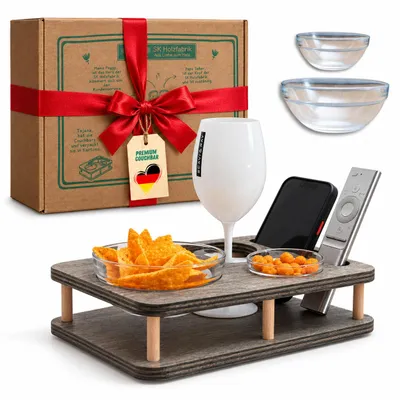 Produktbild von Couchbar Snackbar in Grau mit 2 Glasschalen - Couchbar Mini - Couch tablett  für Snacks & Getränke [stabil & sicher] - Snackbar für Kaffeetasse