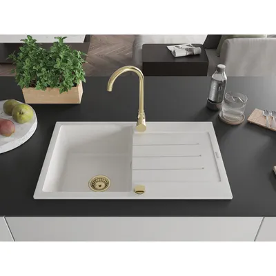 Obrázok produktu pre Mexen Bruno granitový jednokomorový drez s odkvapkávačom 795 x 495 mm, Biela, Sifón Zlatá - 6513791010-20-G