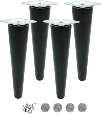Four black conical furniture legs with silver mounting plates are arranged in a row, with a pile of screws and four felt pads at the bottom.