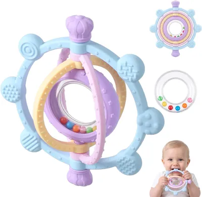 Imagen del producto de Mordedor giratorio para bebés, color azul, ideal para aliviar las molestias de la dentición, 1 unidad