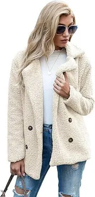 Produktbild von Damen Kuschelige Faux-Sherpa-Fleecejacke – Langarm, Knopfleiste, Reverskragen Herbst- & Wintermantel