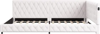 Image de CDGlobal Lit rembourré 140x200cm avec USB/type-c, Canapé-lit avec sommier à lattes, Lit de jour Lit d'adolescent avec LED, Lit d'invité Canapé-lit double, Velours, Beige