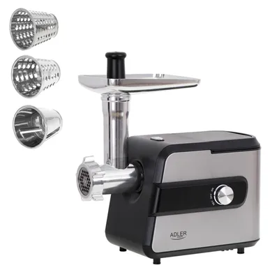 A meat grinder with accessories shown on a white background.
