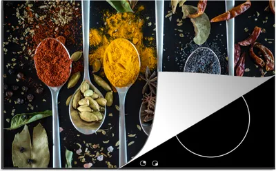 Produktbild von KitchenYeah© Herdabdeckplatte Kräuter in Löffeln auf einem Hintergrund mit Kräutern , 81x52cm, Küche Deko, Glaskeramikkochfeld Herdabdeckung, Abdeckplatte fùr Kochfeld