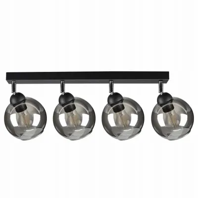 A black track light fixture with four adjustable, spherical smoked glass shades, each containing a visible light bulb.