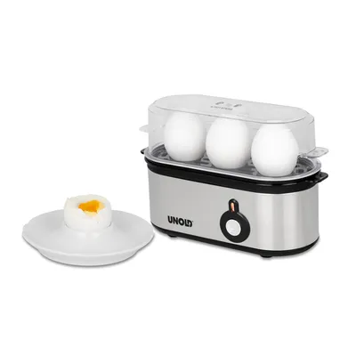 Produktbild von UNOLD 38610 Eierkocher Mini, Edelstahgehäuse, Eiereinsatz mit Griff für 1 bis 3 Eier, Signalton, Betriebskontrollleuchte und 210 W, inkl. Messbecher