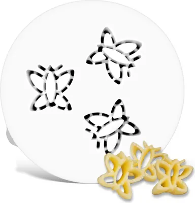 A pasta cutter with butterfly cutouts and three butterfly-shaped pasta pieces.