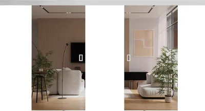Two mirrored images of a modern living room interior with sliding doors.