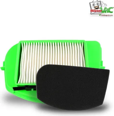A vacuum cleaner filter and a foam pre-filter are shown against a white background.