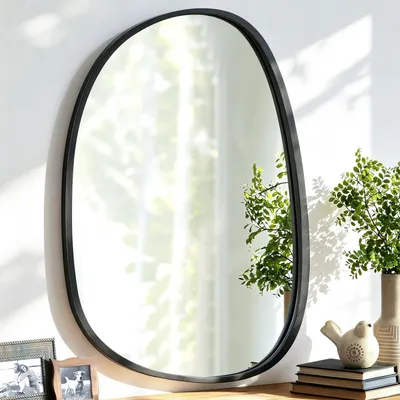 Image de Miroir mural ovale, asymétrique, avec cadre en bois noir, pour salle de bain