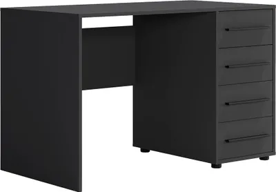 A black desk with drawers on a white background.