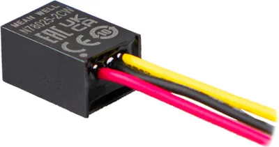 A small black electronic component with three wires extending from it.