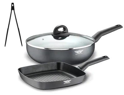 Wok- und Grillpfannen-Set mit Zange, Aluminium, schwarz, antihaftbeschichtet
