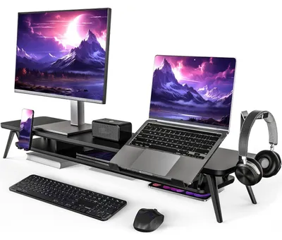Immagine prodotto di Supporto per monitor da 108 cm, nero, in MDF/metallo, con sistema di gestione dei cavi e supporti