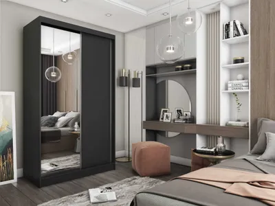 Produktbild von AGMAT Schwebetürenschrank Prato, Kleiderschrank mit 2 Türen und Spiegel, Moderne Garderobe in Farbe: Schwarz, Schrank in Größe: 120 x 216 x 61 cm