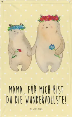 Produktbild von Mr. & Mrs. Panda Wandbehang Bären mit Blumenkranz - Gelb Pastell - Geschenk, Familie, Wandteppich, Gobelin, Kinder, Boho, Lieblingsmensch, Family, Muttertag, Wandbild