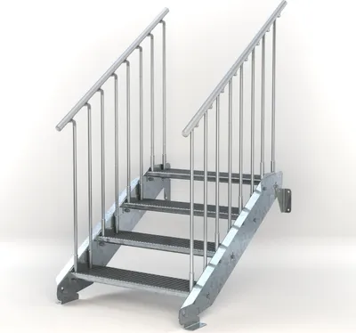 Produktbild von Stahltreppe 4 Stufen bis Höhe 84 cm, Laufbreite : 90 cm beidseitiges Geländer ST 2 (31 / 31 mm gezackt)