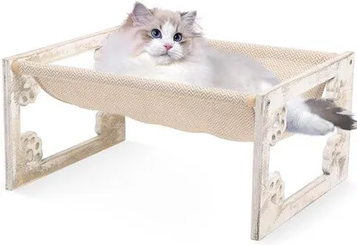 Image de Lit surélevé pour chat, moelleux, en bois rustique, lavable, avec griffoir
